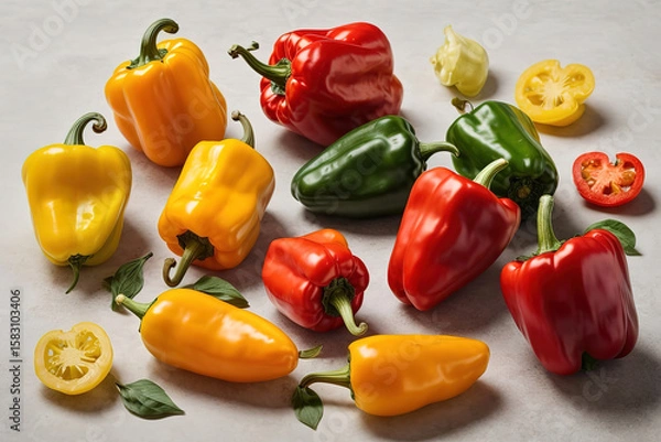 Fototapeta Extraordinary A group of peppers with a green stem and a yellow one