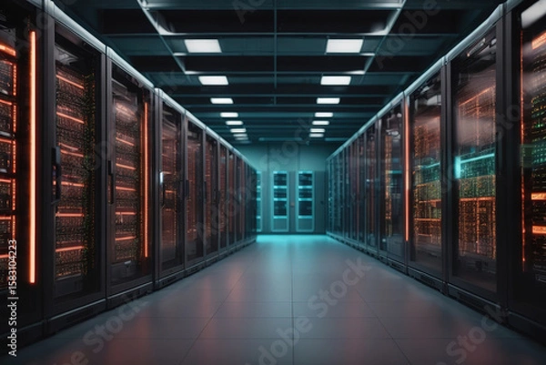 Fototapeta Luxurious Database servers in render farm with flickering lights for neural network
