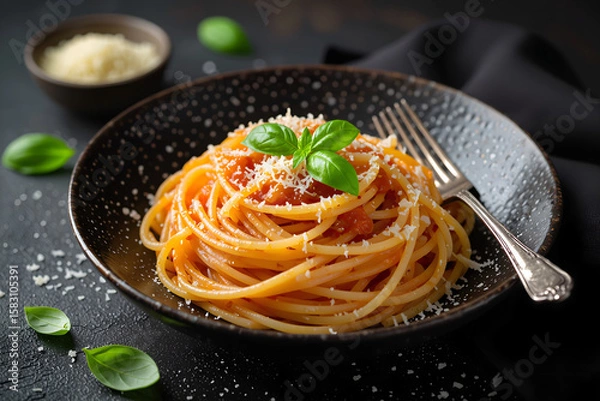 Fototapeta Twirled spaghetti fork over pasta with tomato sauce & basil