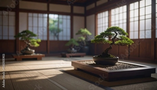 Fototapeta Peaceful Japanese room featuring bonsai trees on tatami mats, highlighting traditional design and tranquility.