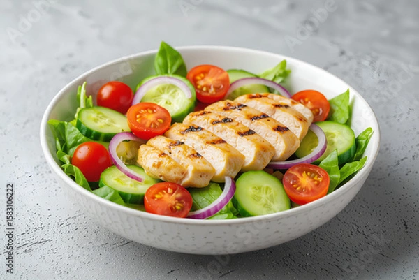 Fototapeta Grilled chicken salad bowl with cucumber, cherry tomatoes & red onion