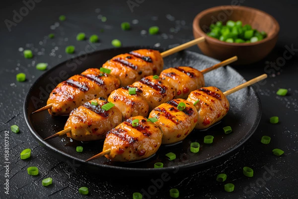 Fototapeta Grilled chicken skewers with almonds & chives on dark plate