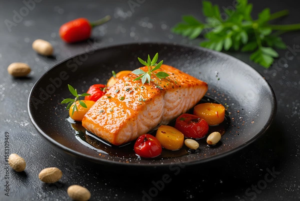 Fototapeta Pan-seared salmon with cherry tomatoes, almonds & parsley garnish
