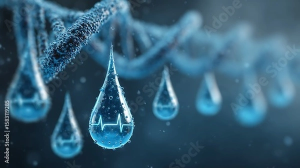 Fototapeta Futuristic abstract medical background with double DNA strands, electronic reception line banner, water drops, heart rhythm icon and wave pattern on gradient blue backdrop