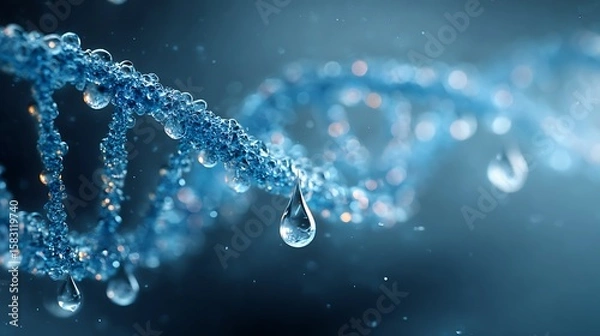 Fototapeta Futuristic abstract medical background with double DNA strands, electronic reception line banner, water drops, heart rhythm icon and wave pattern on gradient blue backdrop