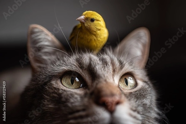 Fototapeta A yellow bird confidently sits on a curious cat's head, capturing a moment of unlikely companionship and curiosity.