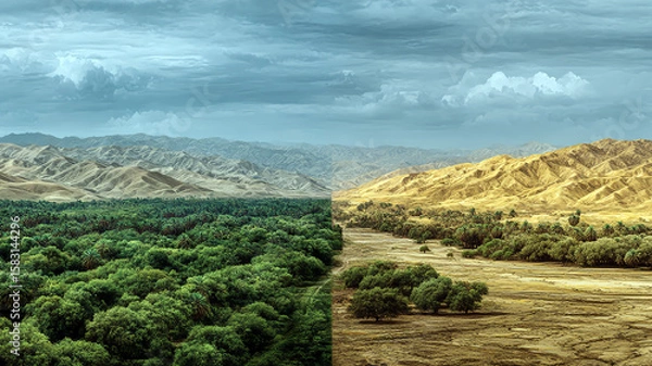 Obraz The conflict between drought and green reflects global warming and climate change. The ecology of the Earth, global warming, dramatic environmental change.