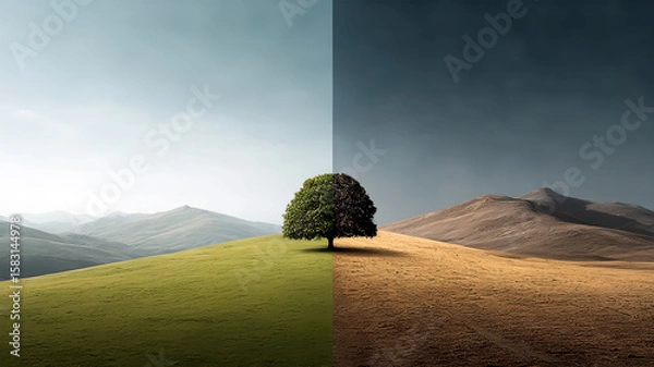 Obraz The conflict between drought and green reflects global warming and climate change. The ecology of the Earth, global warming, dramatic environmental change