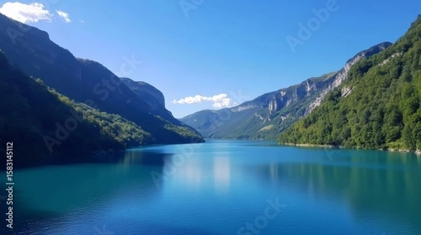 Fototapeta A beautiful lake surrounded by mountains with a clear blue sky