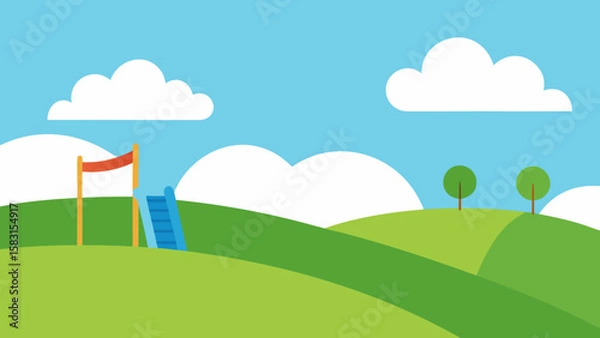 Fototapeta Clear Summer Sky Over an Open Green Playground Hill