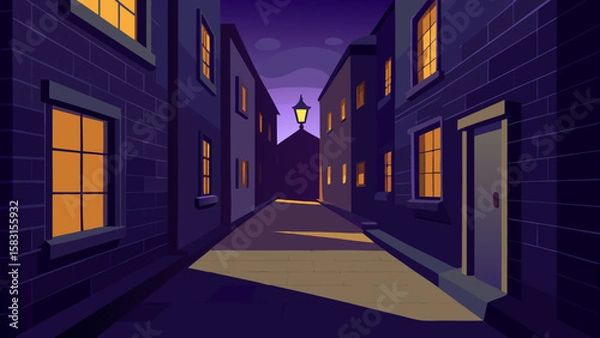 Fototapeta Enchanting twilight alley with glowing windows and rustic brick walls