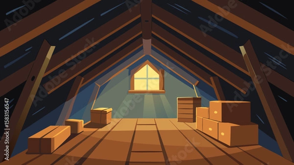 Fototapeta Rustic old wooden attic interior with beams and dusty light rays