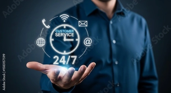 Fototapeta 24/7 Customer Service Icon in Hand Business Concept.24 Hour Assistance  support and Business Communication ,24x7 Client Support Network ,Information Technology Support Concept with 24/7 .
