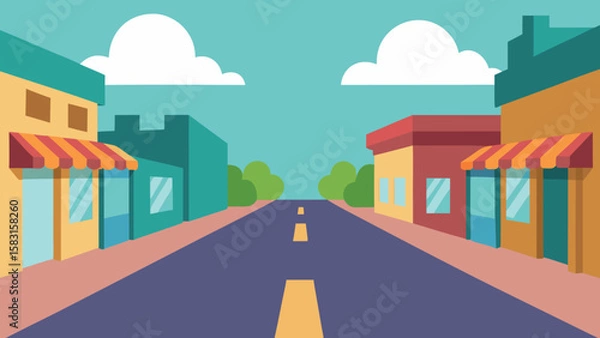 Fototapeta Quiet Path Through Town Lined with Cartoon Shops Vector Art