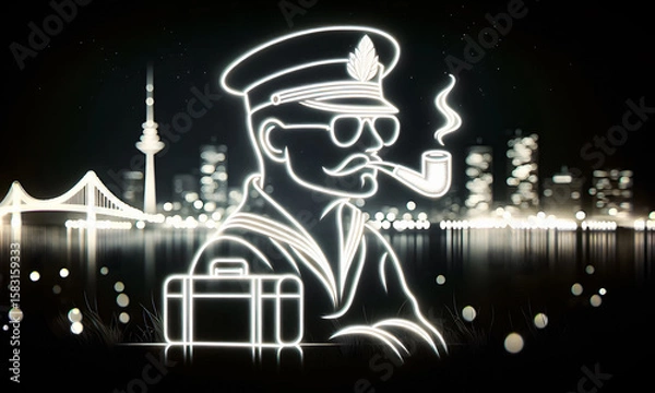 Obraz LED Sign, Seemann und Pfeiffe vor einer Hafen-Skyline