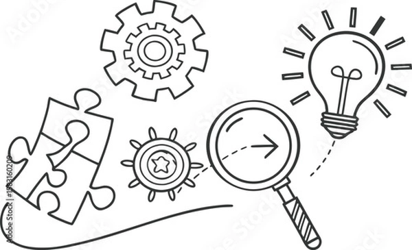 Fototapeta Abstract innovation concept with gears puzzle magnifying glass and lightbulb vector