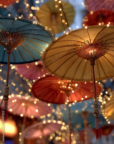 Fototapeta Colorful Decorative Umbrellas and String Lights Create a Festive Ambiance at Night