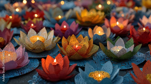 Fototapeta Colorful Floating Lotus Flower Candles with Flickering Flame in Water