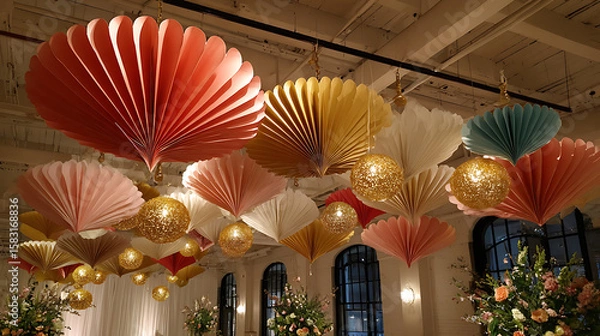Fototapeta Colorful Paper Fan Hanging Decorations with Ambient Lighting for Event Decoration
