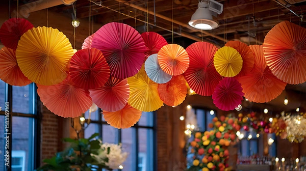 Fototapeta Colorful Paper Lanterns Hanging from Ceiling with Soft Lighting for Party Decoration