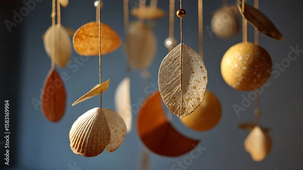 Fototapeta Delicate Mobile Ornament with Geometric Shapes in Earth Tones Hanging in Warm Light