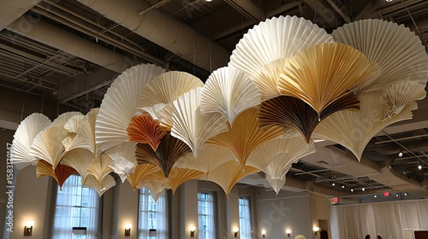 Fototapeta Elaborate Paper Fan Sculpture Installation in Cream and Gold Tones Hanging from Ceiling