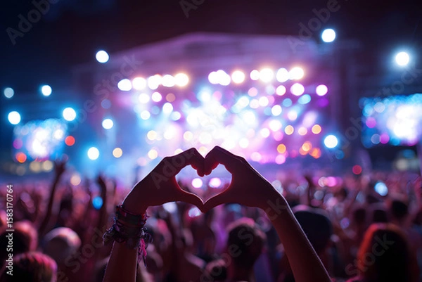Obraz 音楽フェスティバルの夜、手でハートを作る観客のシルエット