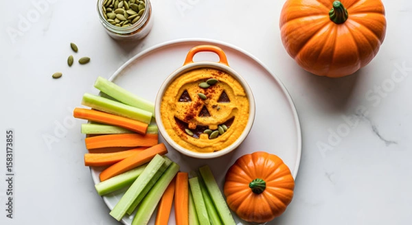 Fototapeta Pumpkin Hummus Dip with Celery and Carrot Sticks
