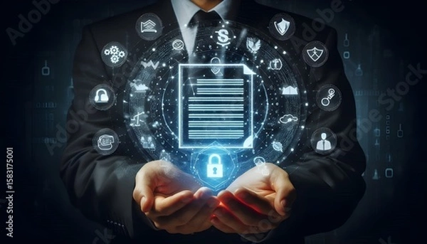 Fototapeta Digital compliance and data security concept with a holographic document surrounded by legal and regulatory icons, protected by hands in a dark background.