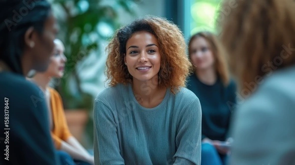 Obraz A smiling young woman with curly hair participates in a support group or therapy session, listening with an engaged and positive expression, fostering a sense of community and connection