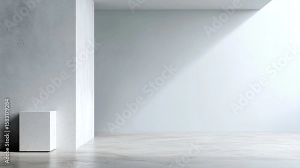 Fototapeta Minimalist empty room with white panel wall and concrete floor, soft natural light creating calm and serene atmosphere in modern architectural space