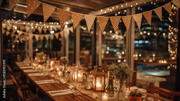 Fototapeta Warm Light and Festive Bunting Illuminate a Wooden Table at an Indoor Party