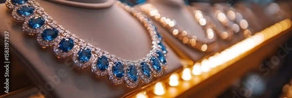 Obraz Elegant sapphire and diamond jewelry showcased at store, featuring intricate designs that capture attention and enhance beauty, inviting customers to explore luxurious options