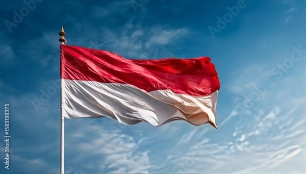 Fototapeta Indonesian Flag Flying in Bright Blue Sky with Clouds