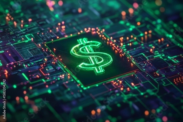 Fototapeta Close-up view of a glowing dollar sign on a circuit board.