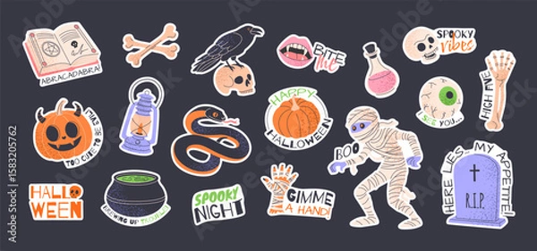 Obraz Happy Halloween stickers set. Isolated hand drawn design elements with fun phrases. Spooky clipart bundle. Pumpkin, spellbook, tombstone, scull, cauldron with potion, raven, snake, lantern, mummy.