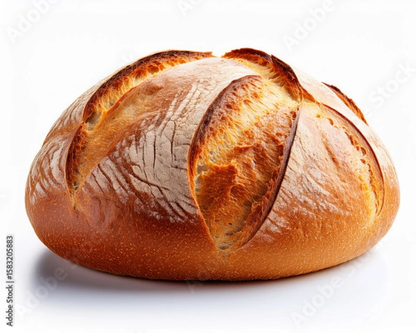 Fototapeta Freshly baked brown wheat loaf of bread with a golden crust, isolated on a white background