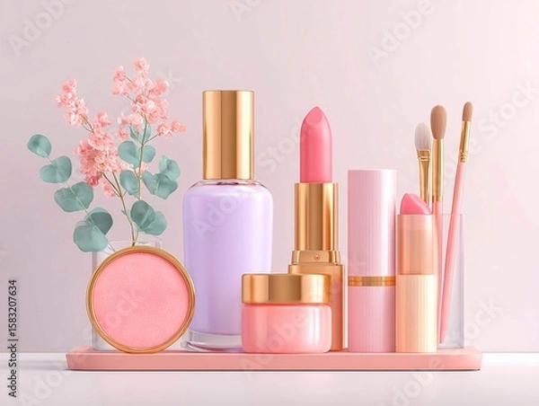 Fototapeta fresh idea of cosmetics set design on simple background. Banner for cosmetics store