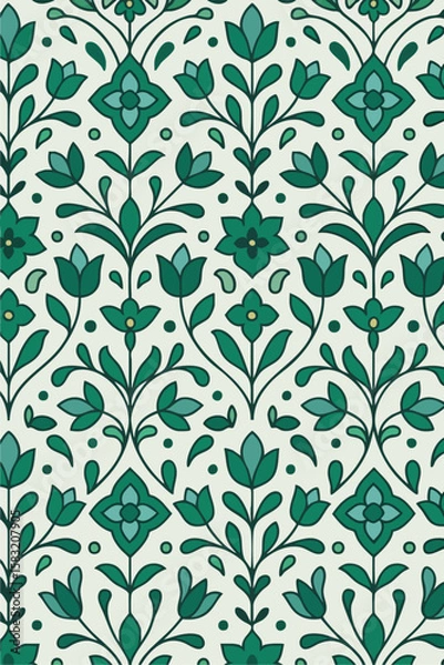Fototapeta White and green botanical folk pattern with symmetrical leaves.
