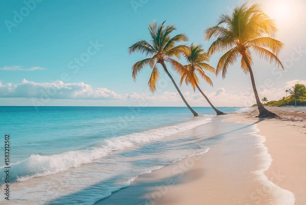 Fototapeta tropical beach with palm trees summer background with copyspace