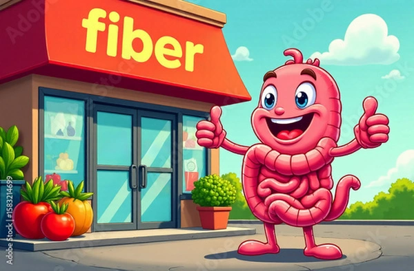 Fototapeta A smiling anthropomorphic intestine stands outside a store with a fiber sign, showing thumbs up. On display are vegetables and fruits rich in fiber. Comic scene with a health food store