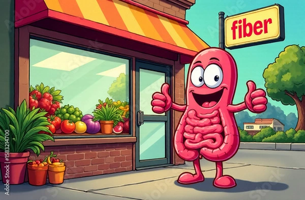 Fototapeta A smiling anthropomorphic intestine stands outside a store with a fiber sign, showing thumbs up. On display are vegetables and fruits rich in fiber. Comic scene with a health food store