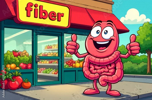 Fototapeta A smiling anthropomorphic intestine stands outside a store with a fiber sign, showing thumbs up. On display are vegetables and fruits rich in fiber. Comic scene with a health food store