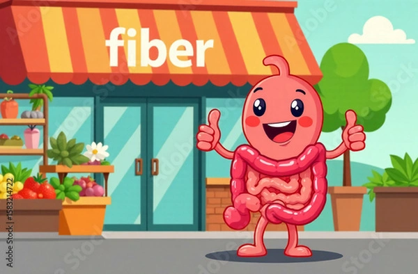 Fototapeta A smiling anthropomorphic intestine stands outside a store with a fiber sign, showing thumbs up. On display are vegetables and fruits rich in fiber. Comic scene with a health food store