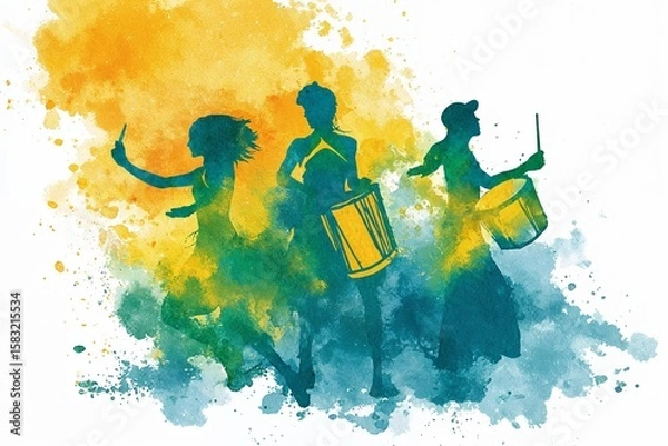 Obraz Watercolor-style image of three people dancing and playing drums in green, yellow, and blue tones, symbolizing Brazil Independence Day and vibrant cultural expression