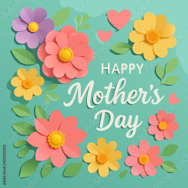 Obraz 3D Paper Flower Vector Design for Mother’s Day Card" – vibrant pastel colors with layered floral elements and heart icons on a soft turquoise background.