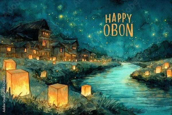 Obraz Glowing lanterns floating along a river under a starry night sky beside traditional Japanese houses with the text Happy Obon, capturing the spirit of the Obon festival