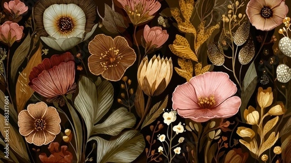 Obraz Detailed botanical illustration featuring various wildflowers and leaves in warm autumn tones on a dark moody background