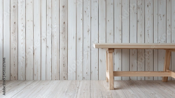 Fototapeta Wooden table with natural light wood texture against white birch wood plank wall, creating calm and soft interior space with vertical and horizontal lines
