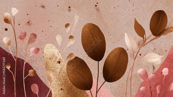 Obraz Modern botanical illustration with abstract leaves and plants in warm earthy tones of pink, brown, and beige on textured background